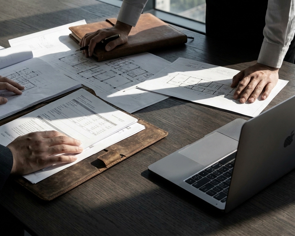 Especialistas revisando documentación y planos sobre una mesa, trabajo coordinado
